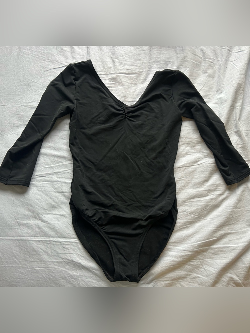 Rossetti Black Ballet Leotard with 3/4 Sleeves and Pinch Detail